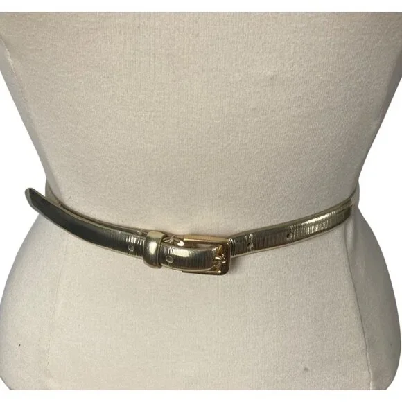 J Crew Metallic Gold Skinny Leather Belt Womens Small Classic Preppy Evening - Picture 3 of 8